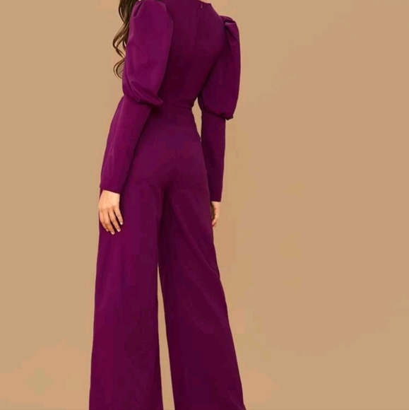 New Button Front Leg-of-mutton sleeve Wide Leg Jumpsuit - Picture 3 of 6